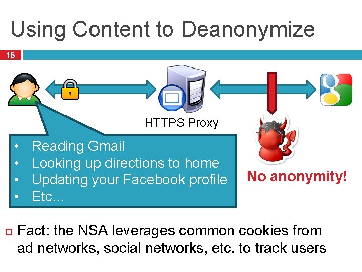 Using Content to Deanonymize 15 HTTPS Proxy • • Reading Gmail Looking up directions Using Content to Deanonymize 15 HTTPS Proxy • • Reading Gmail Looking up directions