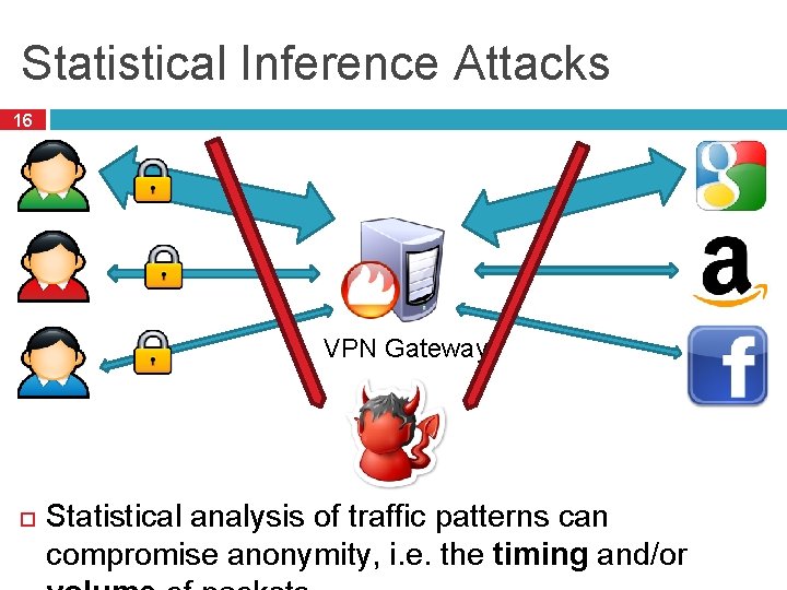 Statistical Inference Attacks 16 VPN Gateway Statistical analysis of traffic patterns can compromise anonymity, Statistical Inference Attacks 16 VPN Gateway Statistical analysis of traffic patterns can compromise anonymity,