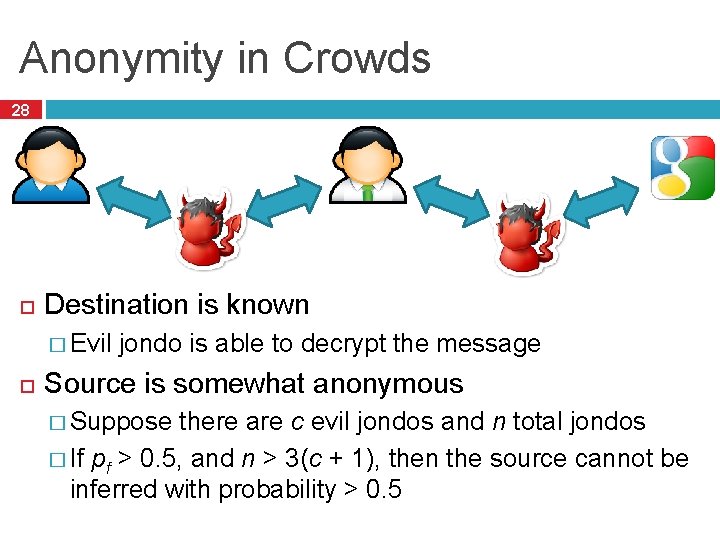 Anonymity in Crowds 28 Destination is known � Evil jondo is able to decrypt Anonymity in Crowds 28 Destination is known � Evil jondo is able to decrypt