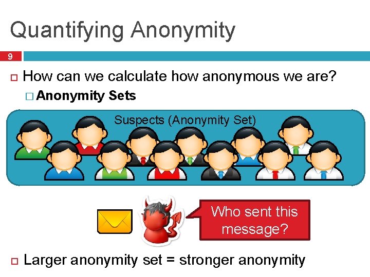 Quantifying Anonymity 9 How can we calculate how anonymous we are? � Anonymity Sets Quantifying Anonymity 9 How can we calculate how anonymous we are? � Anonymity Sets