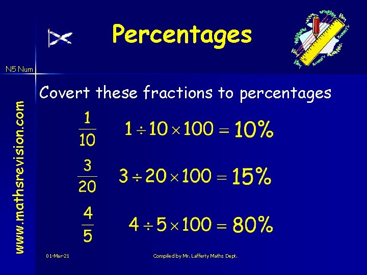 Percentages www. mathsrevision. com N 5 Num Covert these fractions to percentages 01 -Mar-21