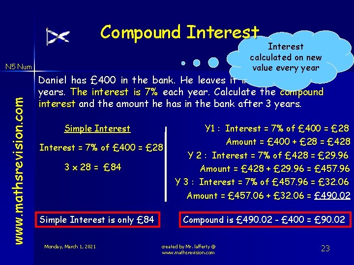 Compound Interest calculated on new value every year www. mathsrevision. com N 5 Num