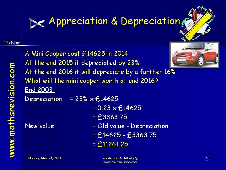 Appreciation & Depreciation www. mathsrevision. com N 5 Num A Mini Cooper cost £