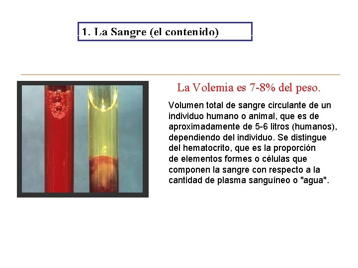 1. La Sangre (el contenido) Agua La Volemia es 7 -8% del peso. Células