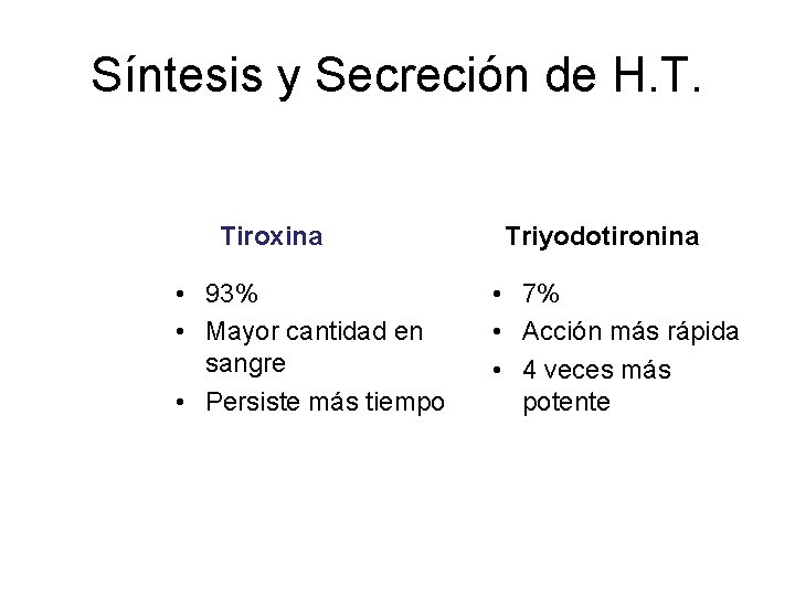 Síntesis y Secreción de H. T. Tiroxina • 93% • Mayor cantidad en sangre
