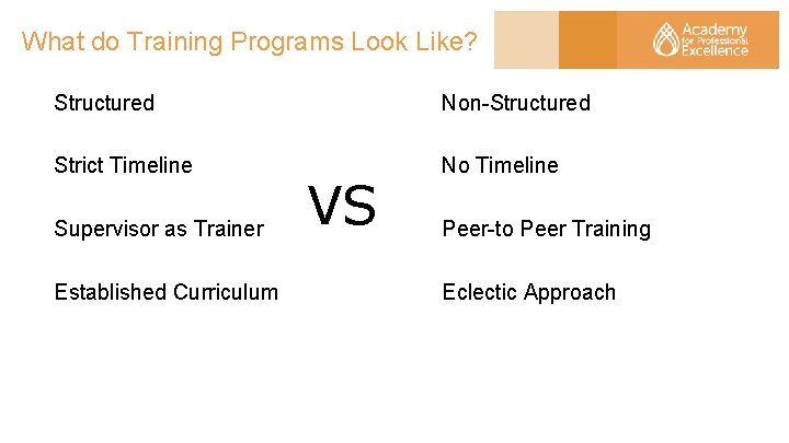 What do Training Programs Look Like? Structured Non-Structured Strict Timeline No Timeline Supervisor as