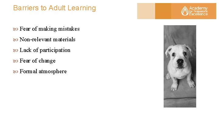 Barriers to Adult Learning Fear of making mistakes Non-relevant materials Lack of participation Fear