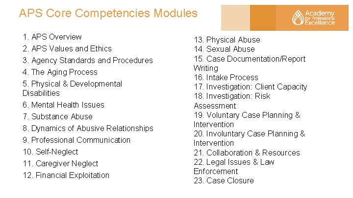 APS Core Competencies Modules 1. APS Overview 2. APS Values and Ethics 3. Agency