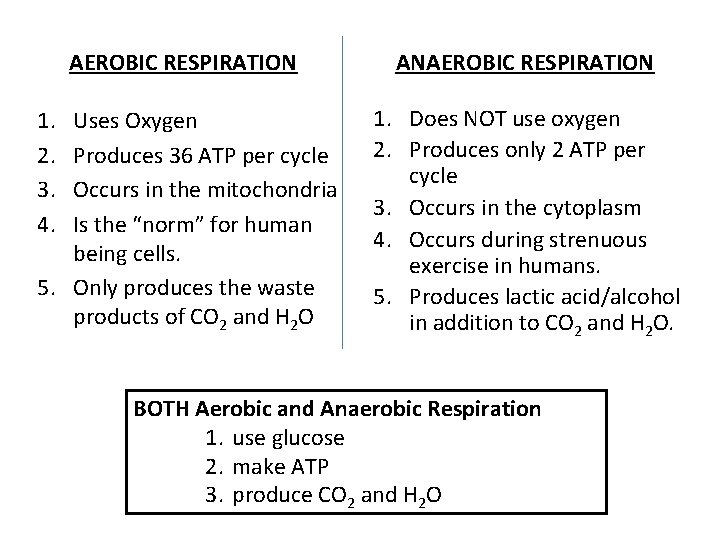 AEROBIC RESPIRATION ANAEROBIC RESPIRATION Uses Oxygen Produces 36 ATP per cycle Occurs in the