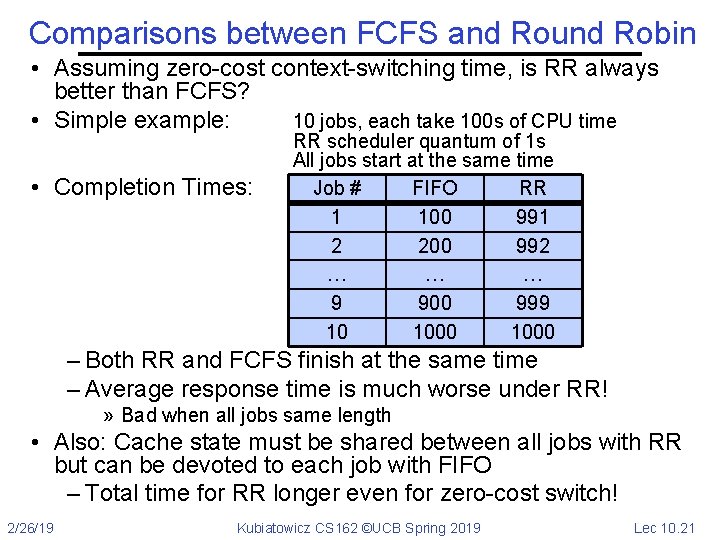 Comparisons between FCFS and Round Robin • Assuming zero-cost context-switching time, is RR always