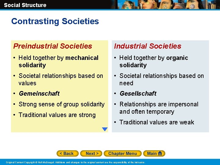 Social Structure Contrasting Societies Preindustrial Societies Industrial Societies • Held together by mechanical solidarity Social Structure Contrasting Societies Preindustrial Societies Industrial Societies • Held together by mechanical solidarity