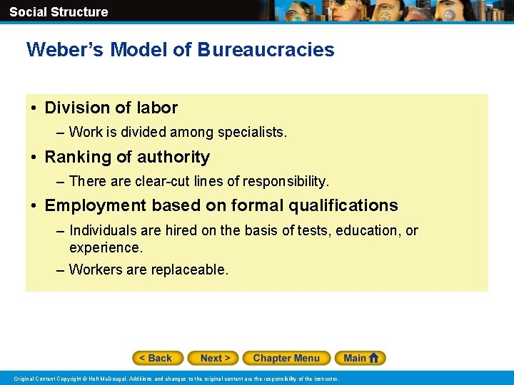Social Structure Weber’s Model of Bureaucracies • Division of labor – Work is divided Social Structure Weber’s Model of Bureaucracies • Division of labor – Work is divided