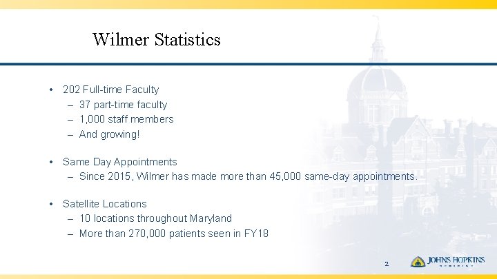 Wilmer Statistics • 202 Full-time Faculty – 37 part-time faculty – 1, 000 staff