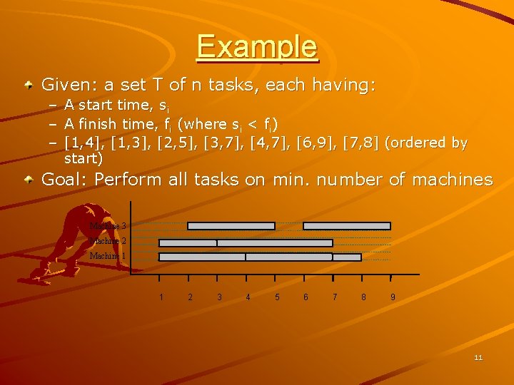 Example Given: a set T of n tasks, each having: – A start time,