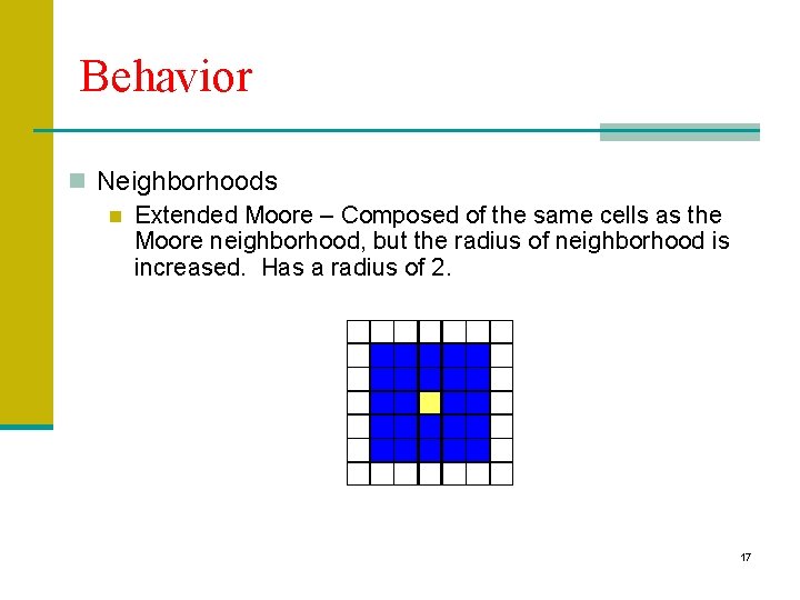 Behavior n Neighborhoods n Extended Moore – Composed of the same cells as the