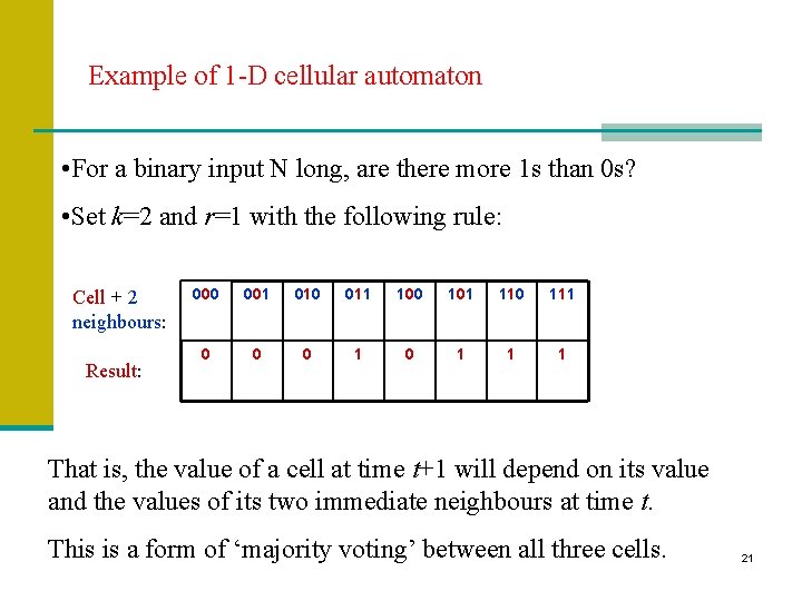 Example of 1 -D cellular automaton • For a binary input N long, are