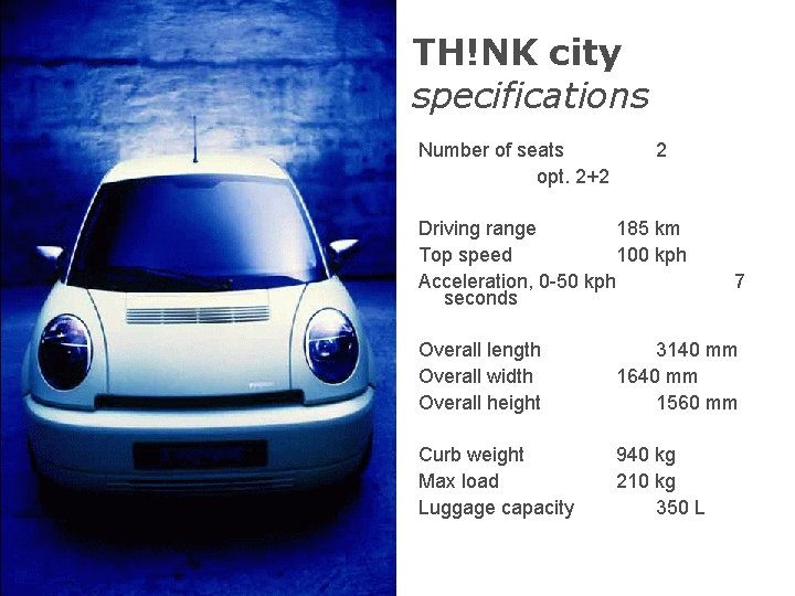 TH!NK city specifications Number of seats opt. 2+2 2 Driving range 185 km Top