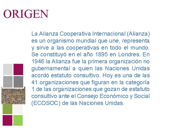 ORIGEN La Alianza Cooperativa Internacional (Alianza) es un organismo mundial que une, representa y