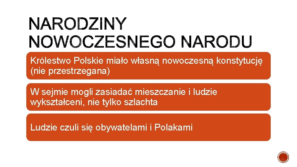 Królestwo Polskie miało własną nowoczesną konstytucję (nie przestrzegana) W sejmie mogli zasiadać mieszczanie i