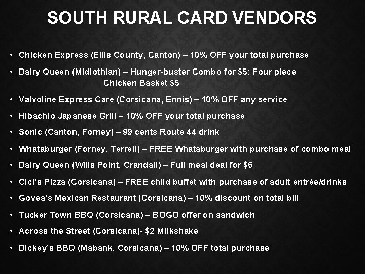 SOUTH RURAL CARD VENDORS • Chicken Express (Ellis County, Canton) – 10% OFF your