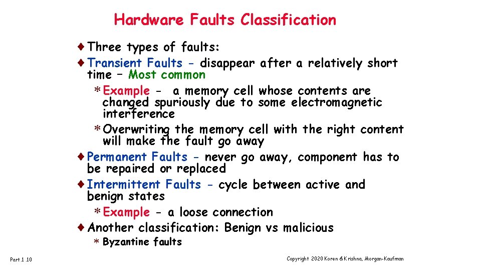 Hardware Faults Classification ¨Three types of faults: ¨Transient Faults - disappear after a relatively