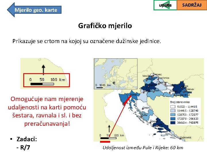 upute Mjerilo geo. karte SADRŽAJ Grafičko mjerilo Prikazuje se crtom na kojoj su označene