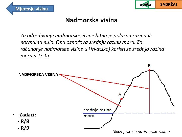 upute Mjerenje visina SADRŽAJ Nadmorska visina Za određivanje nadmorske visine bitna je polazna razina