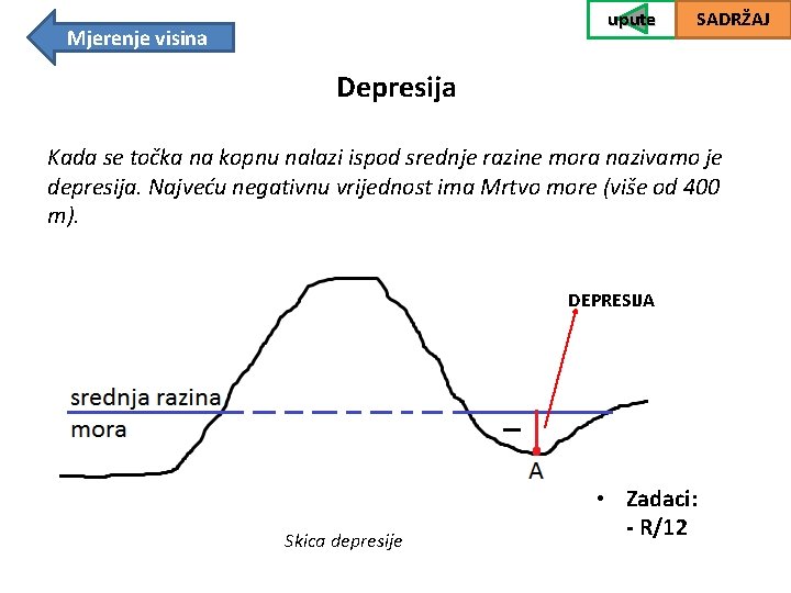 upute Mjerenje visina SADRŽAJ Depresija Kada se točka na kopnu nalazi ispod srednje razine