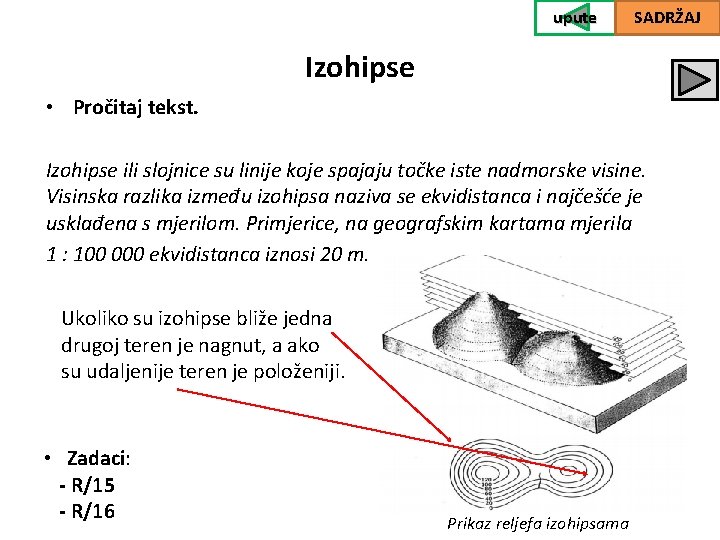 upute SADRŽAJ Izohipse • Pročitaj tekst. Izohipse ili slojnice su linije koje spajaju točke