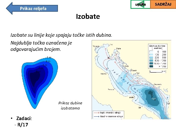 upute Prikaz reljefa Izobate su linije koje spajaju točke istih dubina. Najdublja točka označena