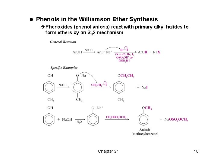 l Phenols in the Williamson Ether Synthesis èPhenoxides (phenol anions) react with primary alkyl