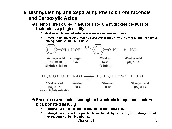 l Distinguishing and Separating Phenols from Alcohols and Carboxylic Acids èPhenols are soluble in