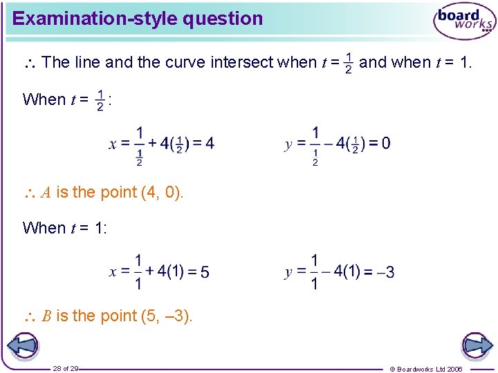Examination-style question The line and the curve intersect when t = When t =