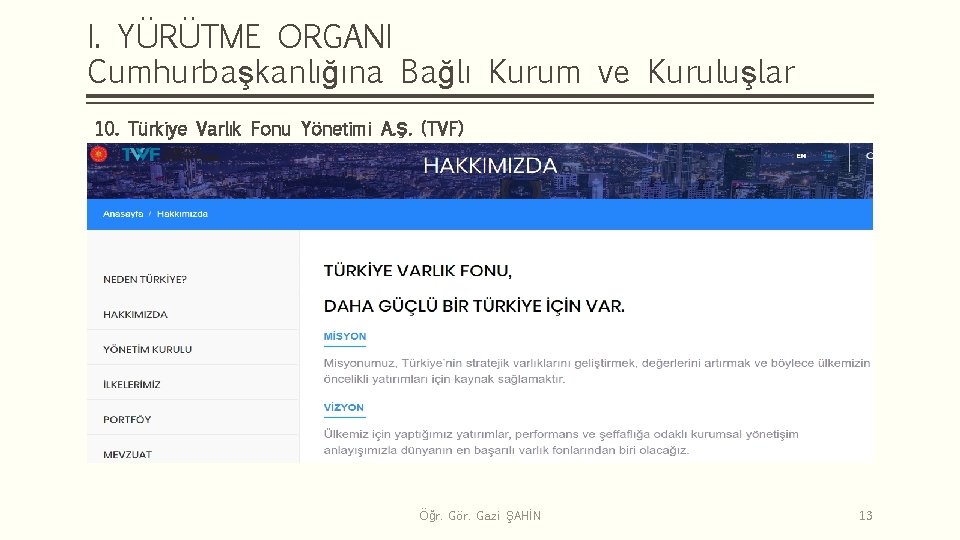 I. YÜRÜTME ORGANI Cumhurbaşkanlığına Bağlı Kurum ve Kuruluşlar 10. Türkiye Varlık Fonu Yönetimi A.