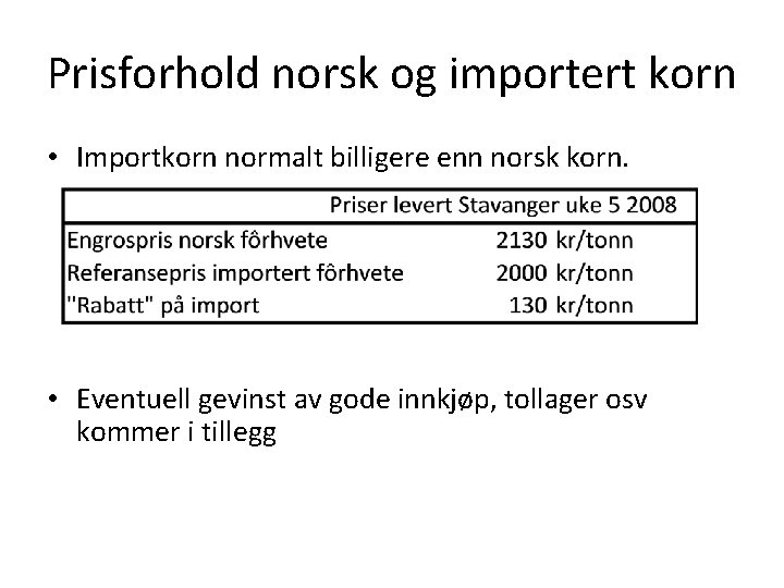 Prisforhold norsk og importert korn • Importkorn normalt billigere enn norsk korn. • Eventuell