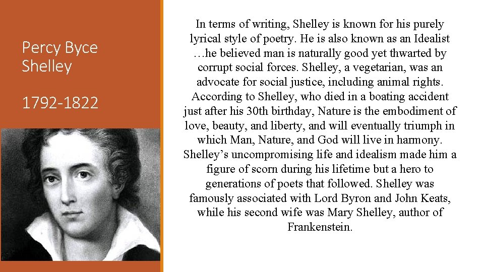 Percy Byce Shelley 1792 -1822 In terms of writing, Shelley is known for his