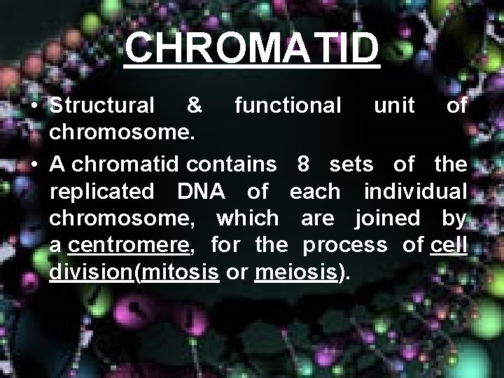 CHROMATID • Structural & functional unit of chromosome. • A chromatid contains 8 sets