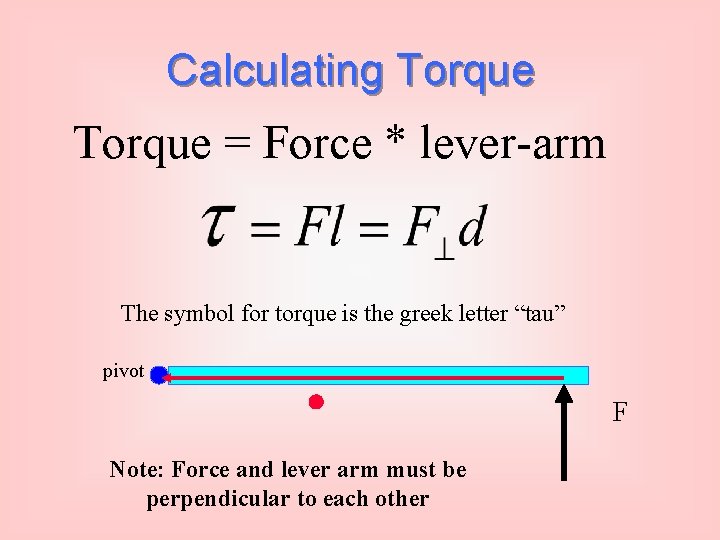 Calculating Torque = Force * lever-arm The symbol for torque is the greek letter