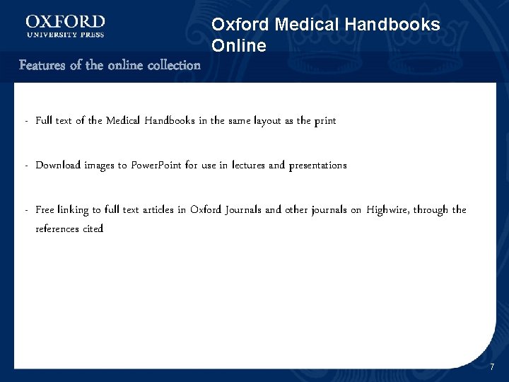 Oxford Medical Handbooks Online Features of the online collection - Full text of the