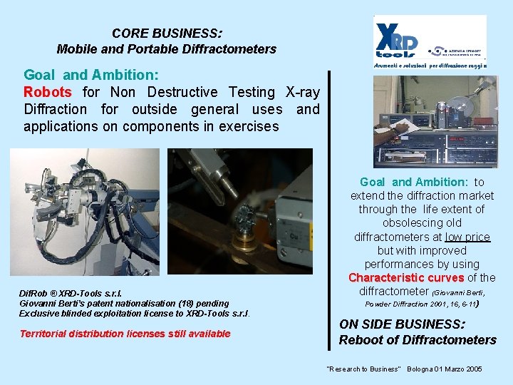 CORE BUSINESS: Mobile and Portable Diffractometers Goal and Ambition: Robots for Non Destructive Testing