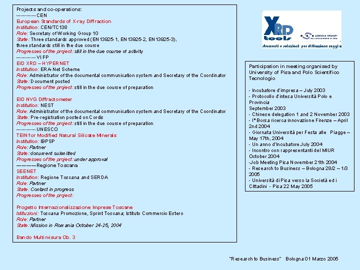 Projects and co-operations: ------CEN European Standards of X-ray Diffraction Institution: CEN/TC 138 Role: Secretary