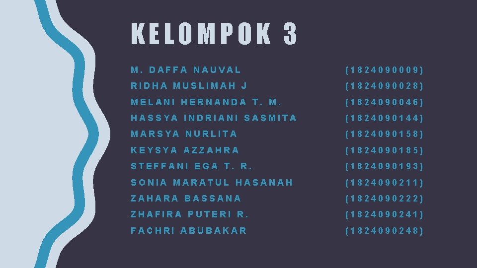 KELOMPOK 3 M. DAFFA NAUVAL (1824090009) RIDHA MUSLIMAH J (1824090028) MELANI HERNANDA T. M.
