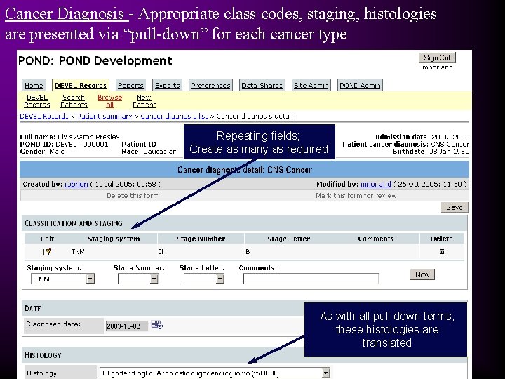 Cancer Diagnosis - Appropriate class codes, staging, histologies are presented via “pull-down” for each