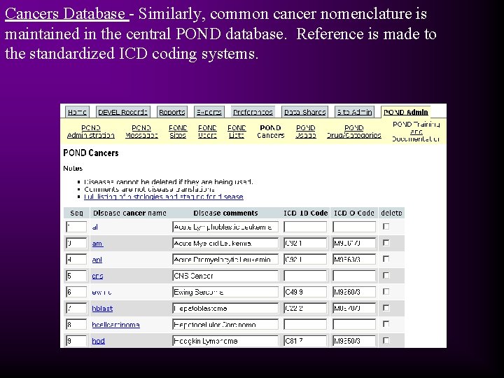 Cancers Database - Similarly, common cancer nomenclature is maintained in the central POND database.