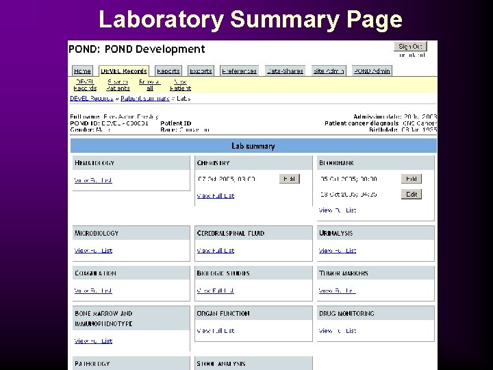 Laboratory Summary Page 