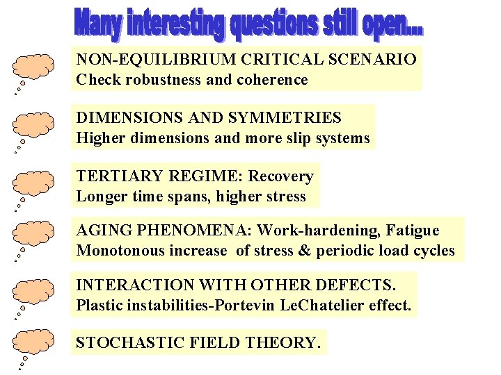 NON-EQUILIBRIUM CRITICAL SCENARIO Check robustness and coherence DIMENSIONS AND SYMMETRIES Higher dimensions and more