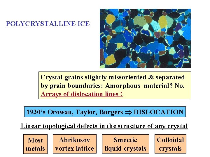 POLYCRYSTALLINE ICE Crystal grains slightly missoriented & separated by grain boundaries: Amorphous material? No.