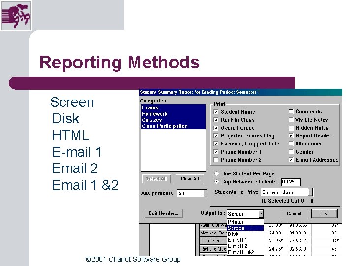 Reporting Methods Screen Disk HTML E-mail 1 Email 2 Email 1 &2 © 2001 Reporting Methods Screen Disk HTML E-mail 1 Email 2 Email 1 &2 © 2001