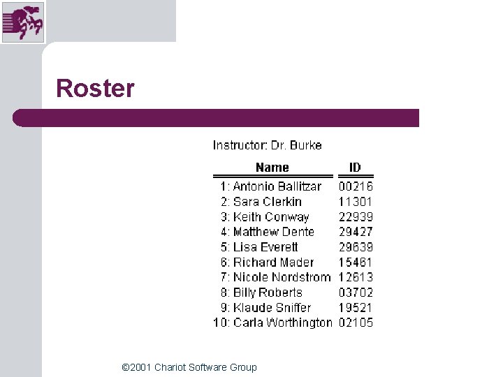 Roster © 2001 Chariot Software Group Roster © 2001 Chariot Software Group