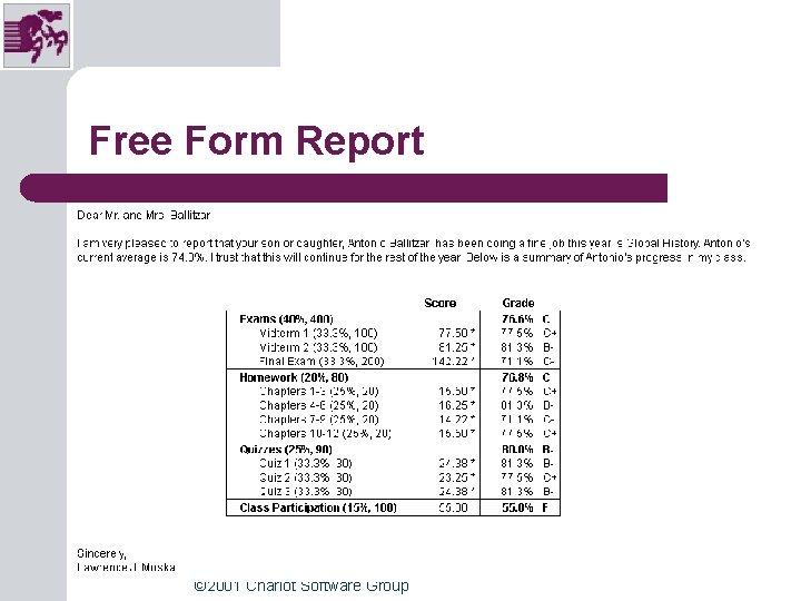 Free Form Report © 2001 Chariot Software Group Free Form Report © 2001 Chariot Software Group